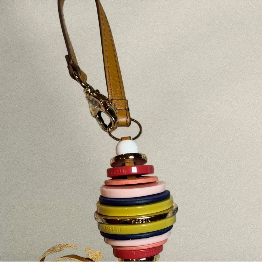 Fossil‎ Leather Tassel Bag Charm Multicolor Resin Ring Keychain Boho